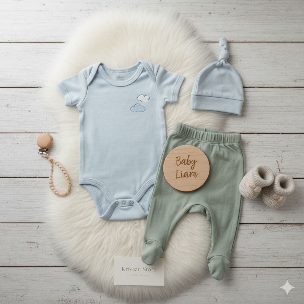 A flat-lay photo of soft blue organic cotton baby onesie with cloud embroidery, matching knotted hat, sage green footed pants, and booties on a white fur rug.