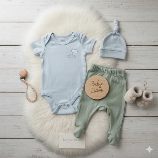A flat-lay photo of soft blue organic cotton baby onesie with cloud embroidery, matching knotted hat, sage green footed pants, and booties on a white fur rug.