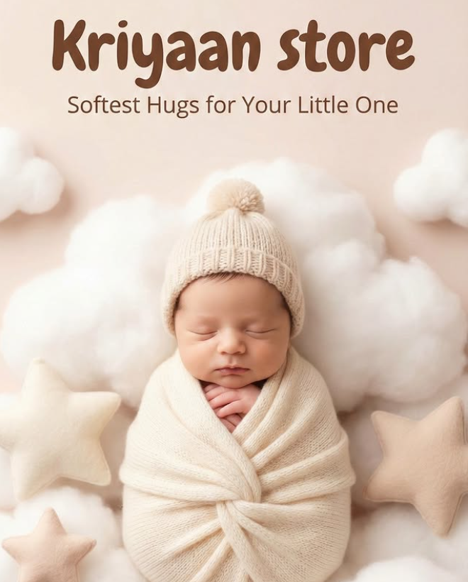 Kriyaan Store newborn baby wrapped in soft cotton blanket with tagline softest hugs for your little one baby clothing brand