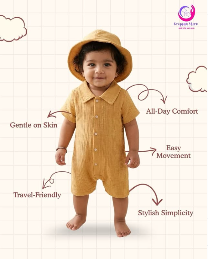 Baby boy wearing a yellow cotton romper and sun hat with comfort features highlighted for Kriyaan Store.