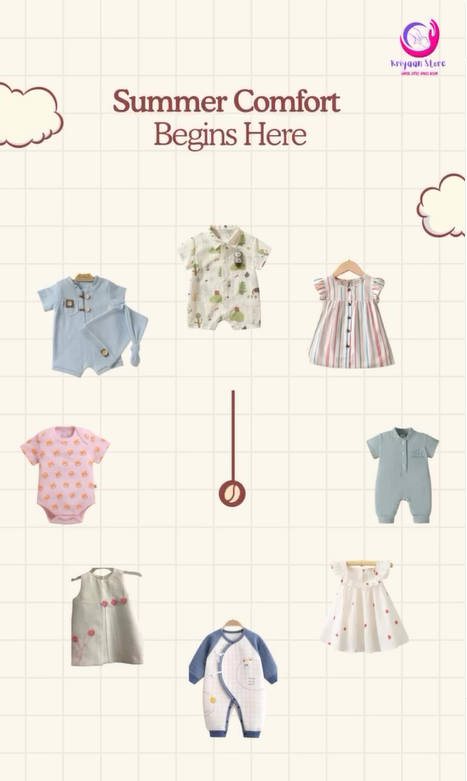 A collection of summer baby outfits including muslin rompers, cotton dresses, and bodysuits, showcasing soft fabric baby clothes for sensitive skin India parents choose for heat protection.