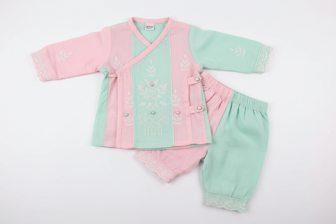 Pink and seafoam green cotton embroidered newborn jabla set online India with matching pants and lace detailing.