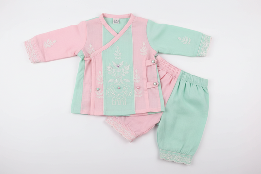 Pink and seafoam green cotton embroidered newborn jabla set online India with matching pants and lace detailing.