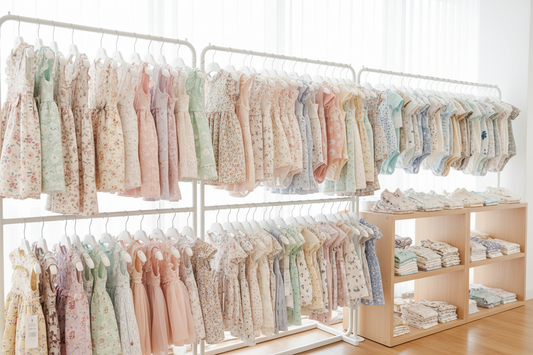 Minimalist retail display of floral and pastel baby dresses hanging on white clothing racks alongside folded garments on wooden shelves.