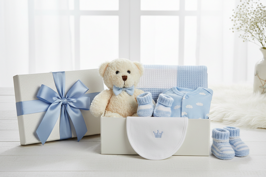 Newborn baby boy gift set under 2000 featuring a blue cloud-print onesie, striped booties, a white bib with a crown, and a plush teddy bear in a gift box.