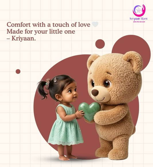 A little girl in a mint-green dress holding a green heart with a giant teddy bear for a Kriyaan Store newborn baby gift set.
