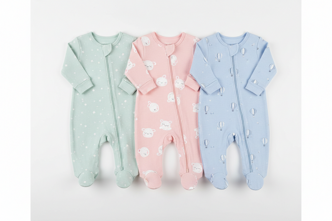 A trio of zipped rompers in mint green, soft pink, and light blue, featuring cute star, bunny, and hot air balloon prints.