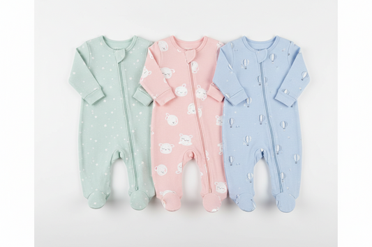 A trio of zipped rompers in mint green, soft pink, and light blue, featuring cute star, bunny, and hot air balloon prints.