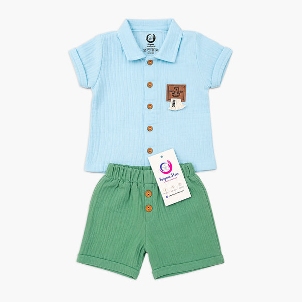 Boys Sky Blue Cotton Shirt & Green Shorts Co-ord Set