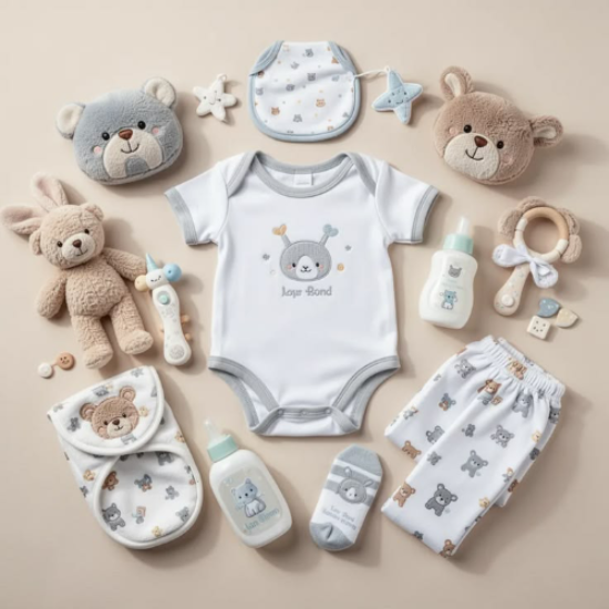 Collection of baby items including a onesie, pants, and toys on a beige background
