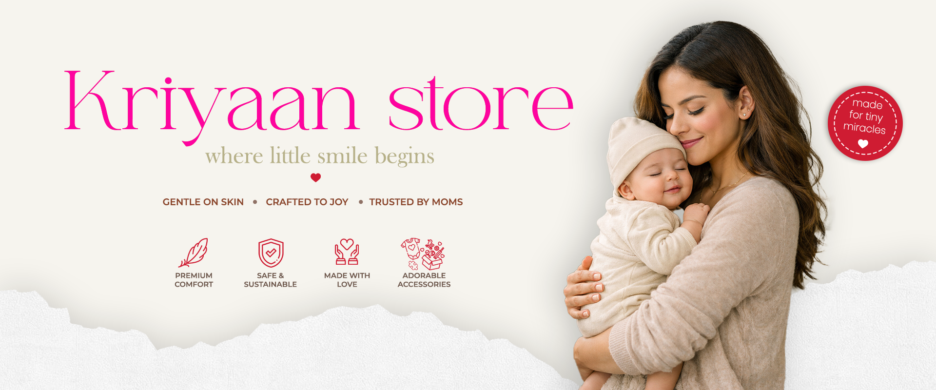 Woman holding a baby with 'Kriyaan store' branding and product features listed.