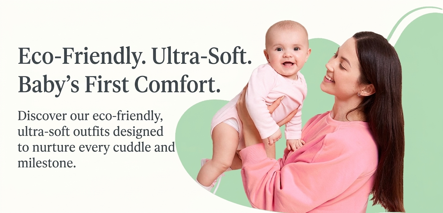Woman holding a baby with text about eco-friendly and ultra-soft baby outfits on a green background